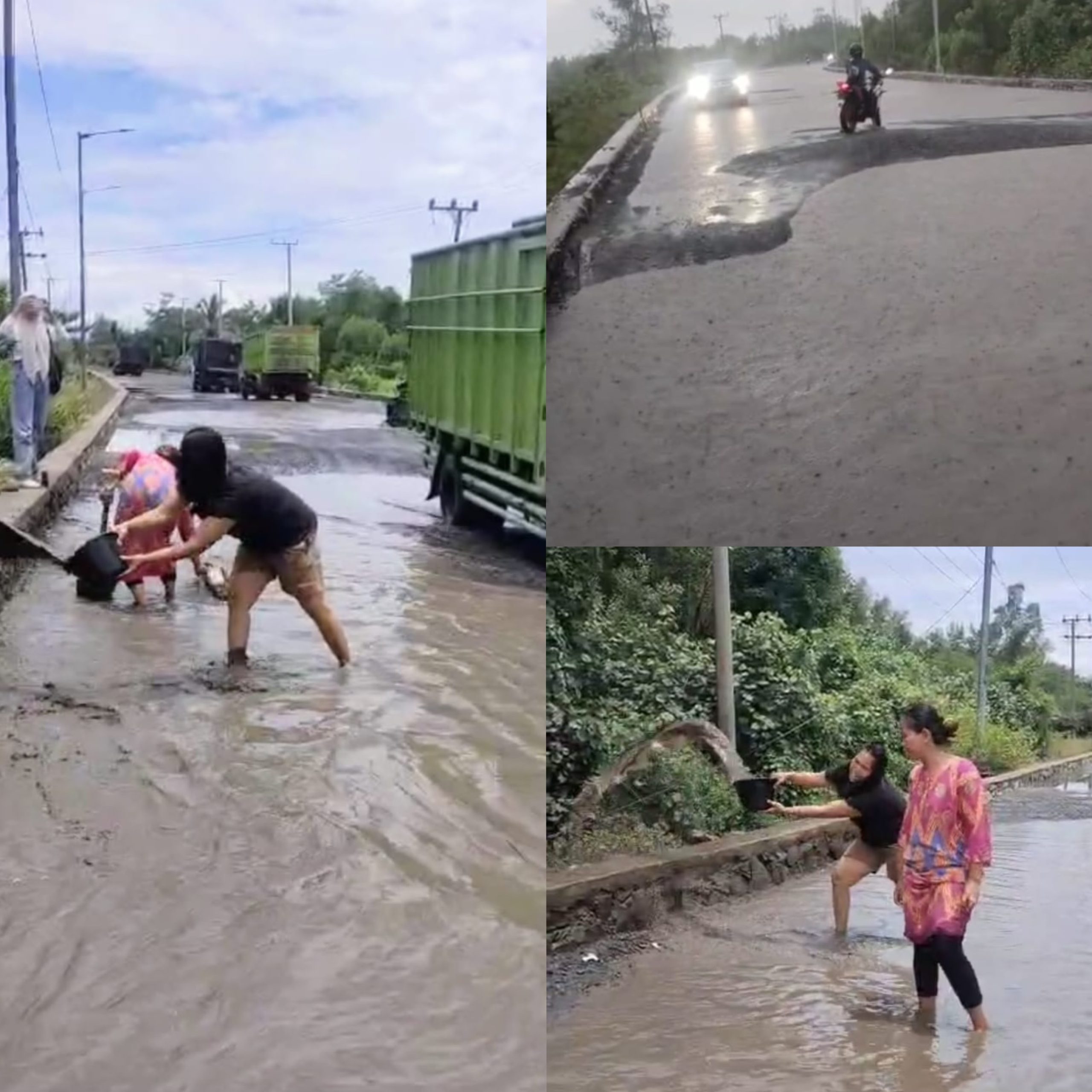 Jalan Rusak Mirip Kolam, Warga Teluk Sepang Ciduk Lumpur sebagai Bentuk Protes