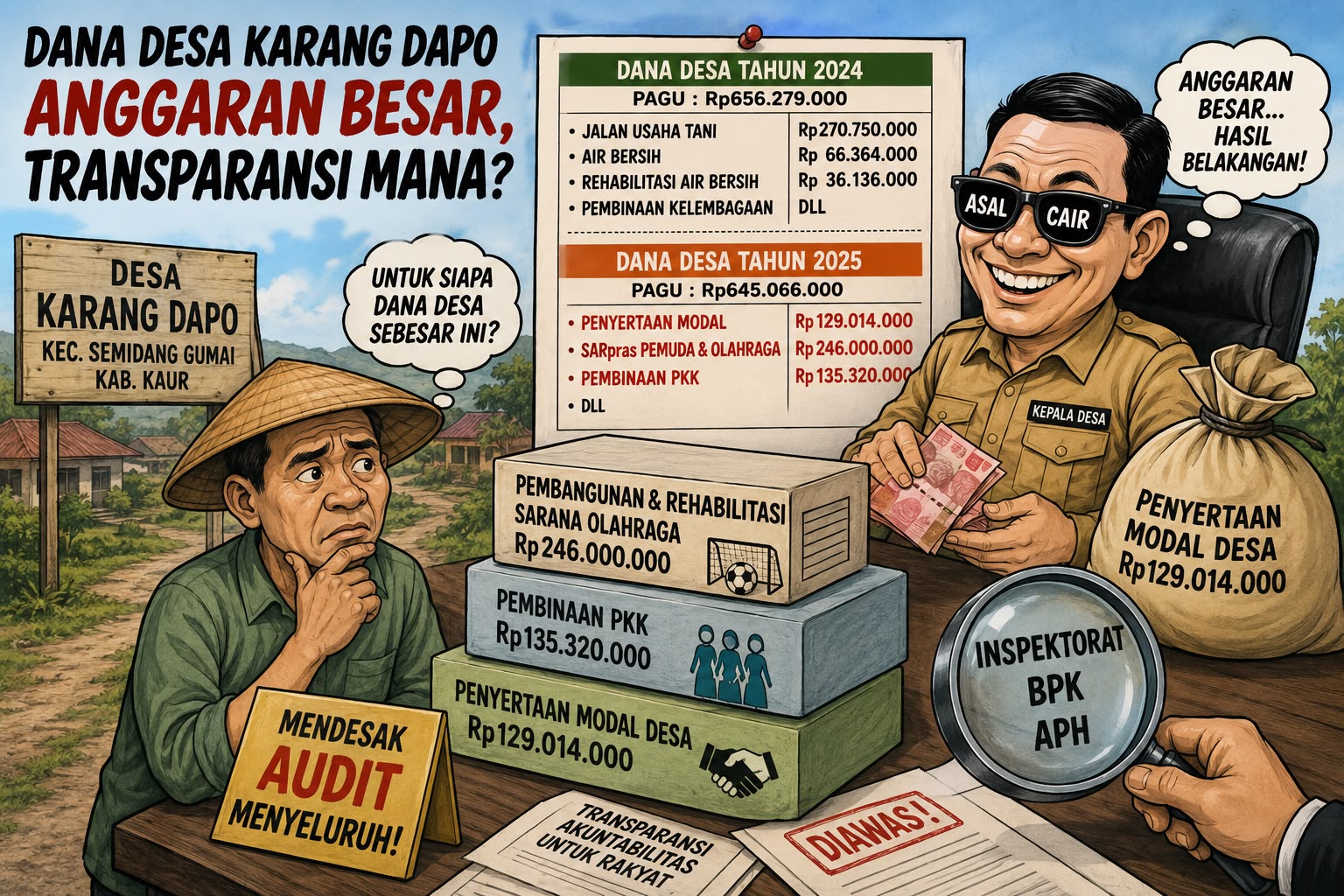Pengelolaan Dana Desa Karang Dapo Disorot, Sejumlah Pos Anggaran Bernilai Besar Didorong Diaudit